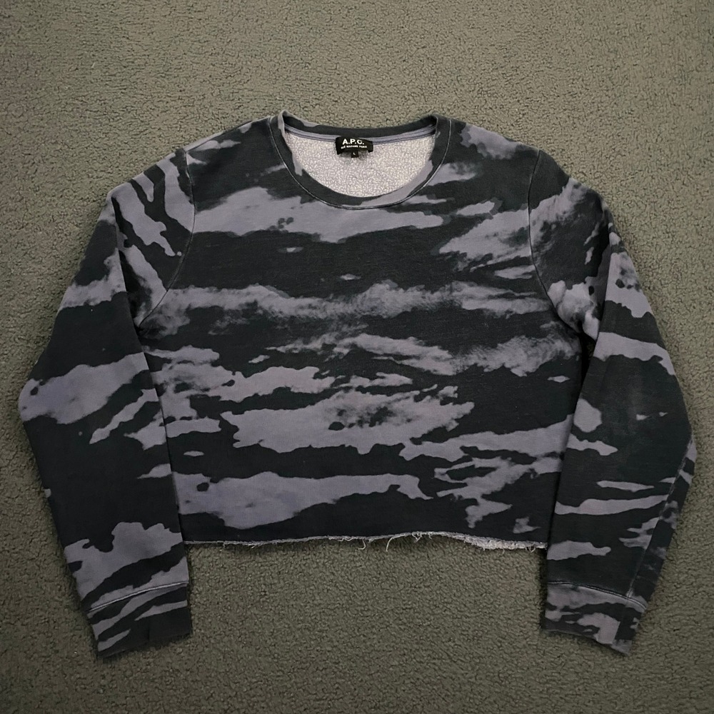 A.P.C. Cropped Sweatshirt Women Large Navy Blue Camo Raw Hem Streetwear Edgy